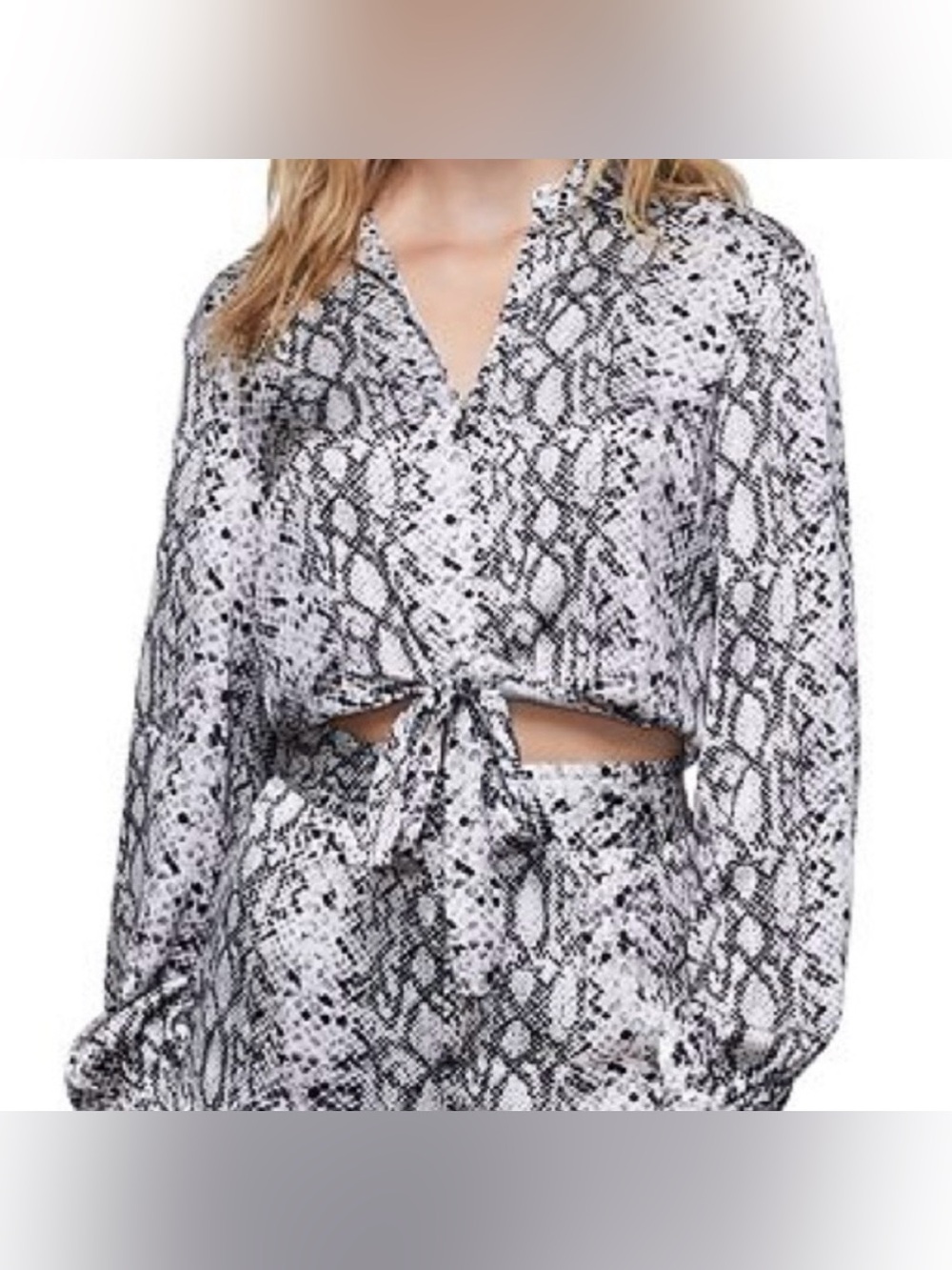GOOD AMERICAN 
Sleek Satin Python Long Sleeve Button Down Tie Waist Blouse XL